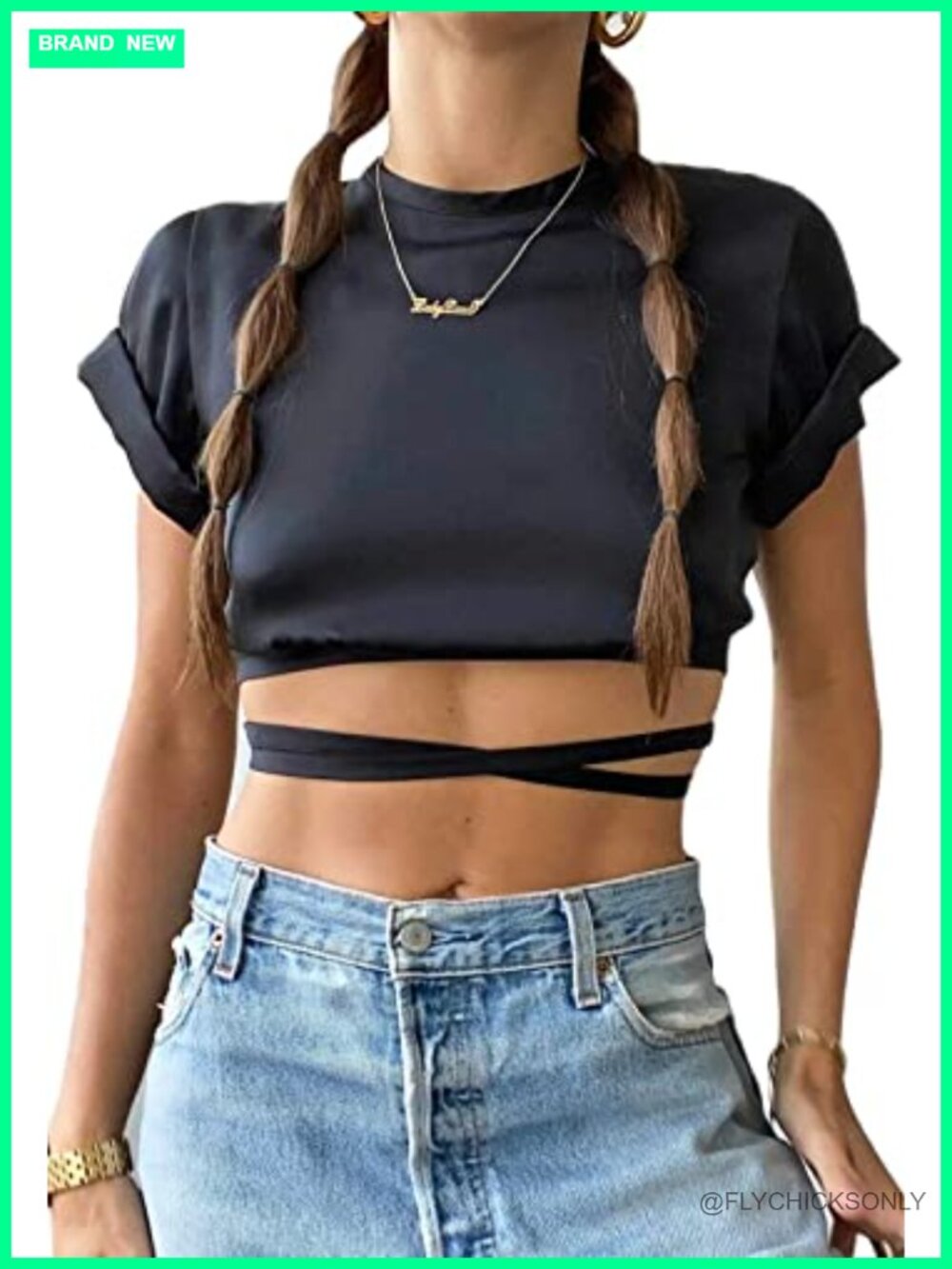 Women's Lightweight Satin Tie Back Backless Crop Top Short Sleeve Blouse
